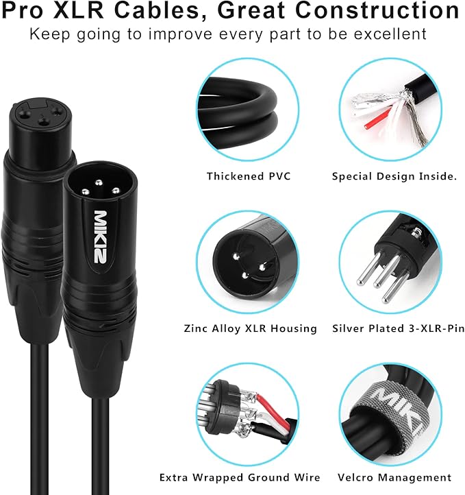 XLR Cables 50 Feet 2 Packs - Premium Balanced Microphone Mic Cord 3 Pin XLR Male to Female 50ft