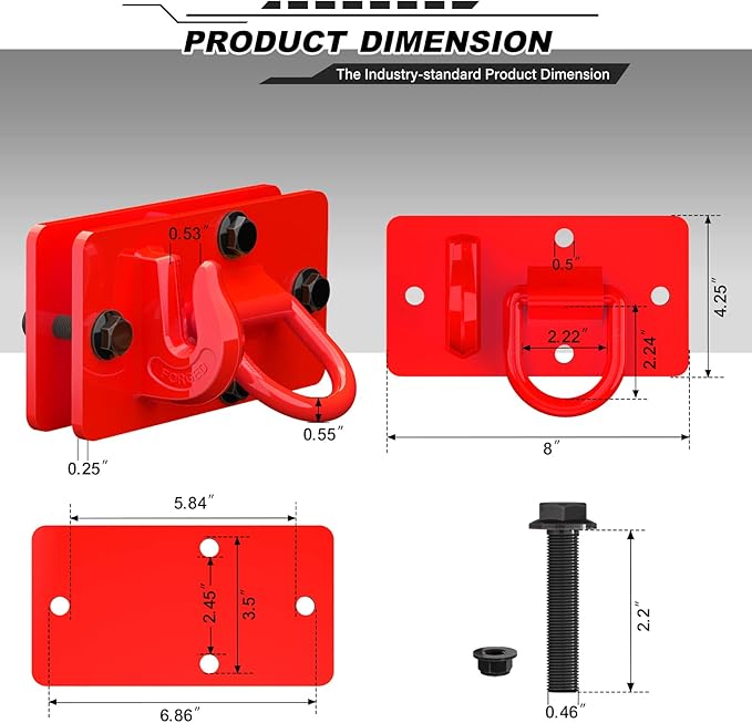 2 Pack Tractor Bucket Hooks with Tie Down Ring, Grade 70 Forged Steel Bolt On Grab Hook Tow Hook Mount with Backer Plate, Work Well for Tractor Bucket, RV, UTV, Truck, Max 15,000 lbs Red