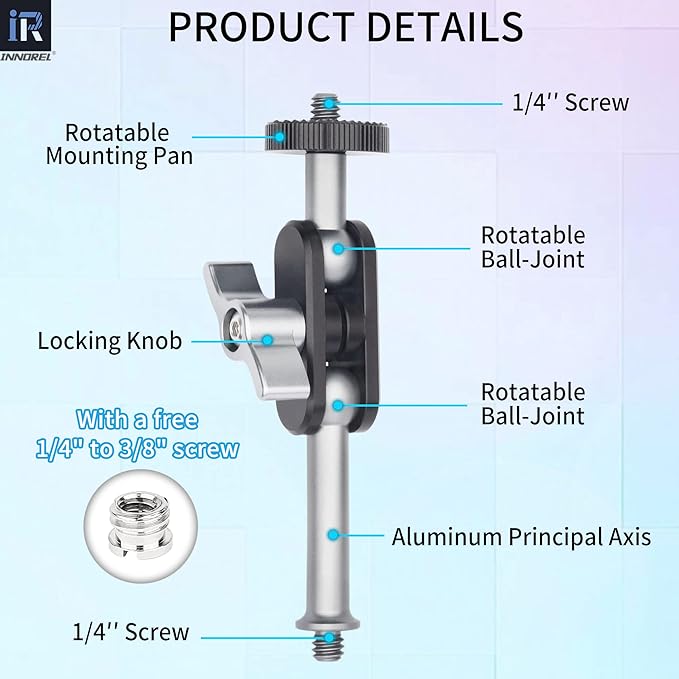 INNOREL ME-1 Universal Magic Arm with Dual Ball Head for Tripod Cellphone Holder Articulating Magic Arm with 1/4" Screw on Both Ends for LED Light/LCD Monitor/Microphone/Phone Clip Load 4.4lb/2kg