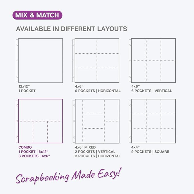 Dunwell Scrapbook Page Protectors 12x12, (50 Pack) Fits 3-Ring Scrapbook Album Binder, Combo Layout Holds 300 4x6 Vertical Photos, plus 6x12 Top Pocket, 12x12 Refill Pages Protectors, Acid-Free Poly