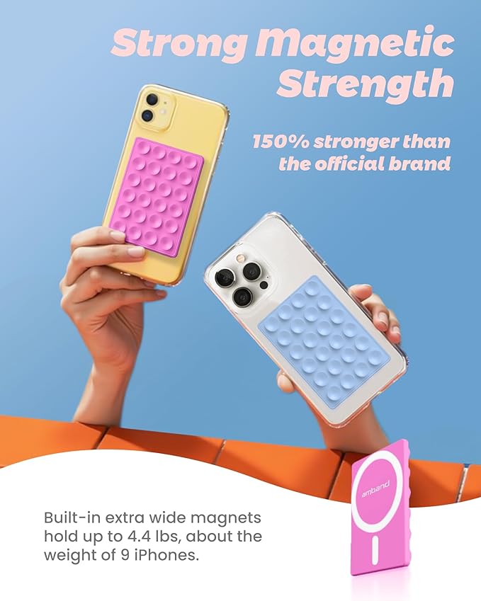amBand Magnetic Sticky Phone Suction Grip for MagSafe, Removable for Wireless Charging, Durable Magnet Silicone Portable Mount Stand for iPhone 12 13 14 15 16 17, Hands-Free Video/Selfie, Bubble Gum