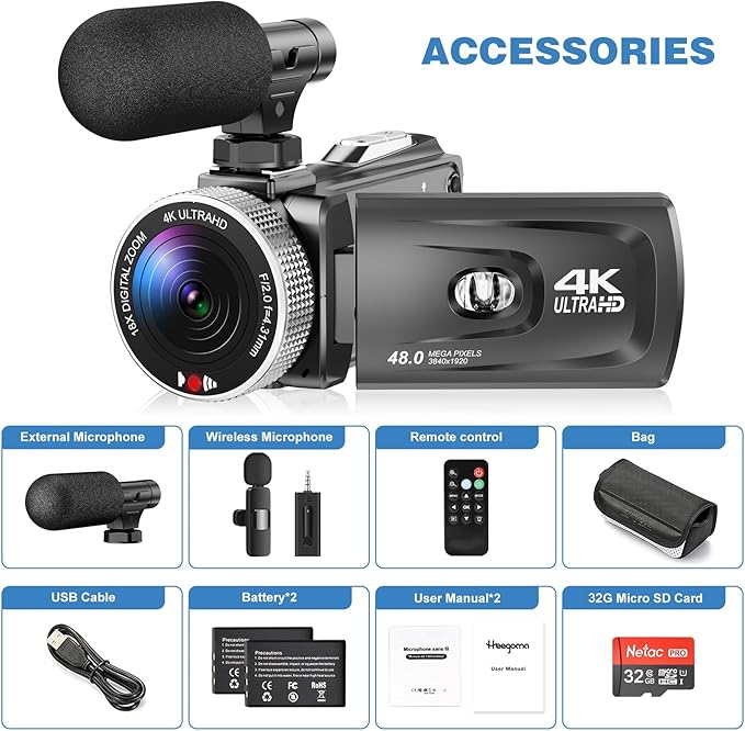 4K Video Camera Camcorder - 48MP 30FPS with Wireless Lavalier Mic & External Mic | 3" Ultra HD Screen, 18X Digital Zoom | Vlogging/YouTube Recorder + 32GB SD Card Included