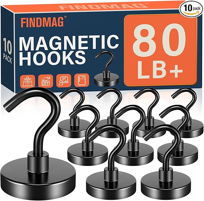 FINDMAG Magnetic Hooks Heavy Duty, 80lb+ Strong Magnetic Hooks for Cruise Cabins, Heavy Duty Magnets with Hook for Refrigerator, Black Magnet Hook for Classroom Kitchen Home 2026 Cruise Essentials