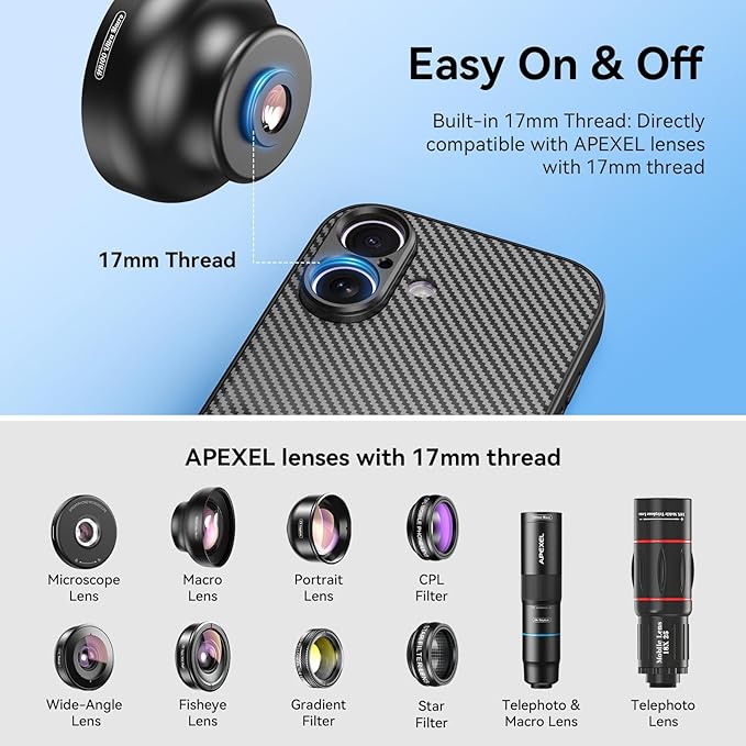 APEXEL 17mm Thread Lens Phone Case Compatible for iPhone 17, Compatible with All Telephoto & Macro Lenses, Durable Protective Cover Black