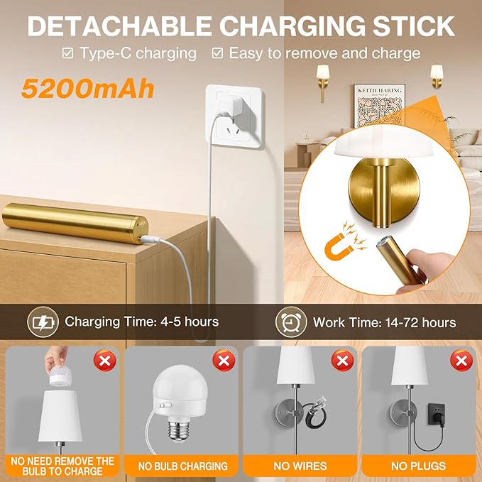 Battery Operated Wall Sconce Set of 2, 5200mAh RGB Wireless Wall Lights with Detachable Charging Stick & Dimmable Bulbs, 12 Colors Rechargeable Wall Lamps for Bedroom Living Room Hallway Decor, Gold