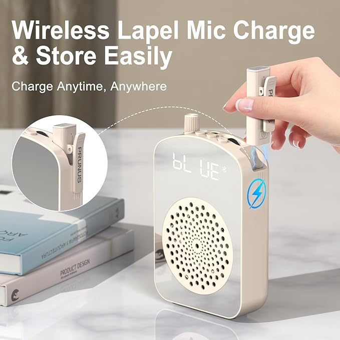 PRUNUS A10 Voice Amplifier Wireless with Lavalier Microphone Charging &Storage,Portable Voice Amplifier with Laple Mic Speaker,Mini Voice Amplifier for Classroom,Speech,Training Outdoor (Beige)