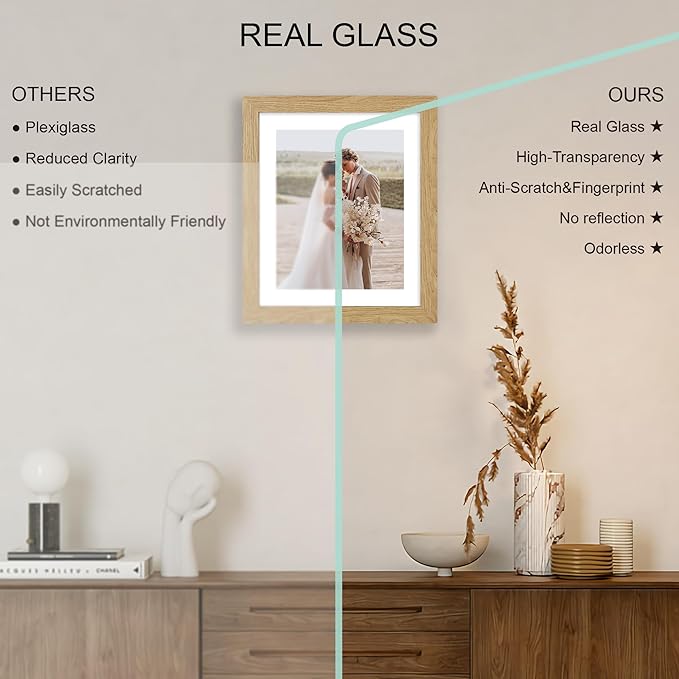 10x12 Picture Frame Set of 4, Made of Real Glass and Natural Oak Frame - Display Picture 8x10 with Mat or 10x12 Without Mat, 10 by 12 Photo for Wall Mounting