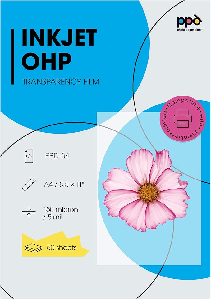 PPD Premium Inkjet Transparency Film (Overhead Projector Film) 150 Micron Thick 8.5x11" X 50 Sheets - Instant Dry PPD-34-50