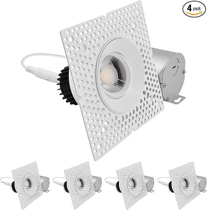 LUXRITE 3-Inch LED Gimbal Adjustable Trimless Spotlight with J-Box, Push N’ Lock, 5CCT 2700K-50000K, 360° Swivel & 15° Tilt, 12W, 1100LM, CRI90, Dual Dimmable, 38° Beam, IC Rated, Damp Rated (4 Pack)