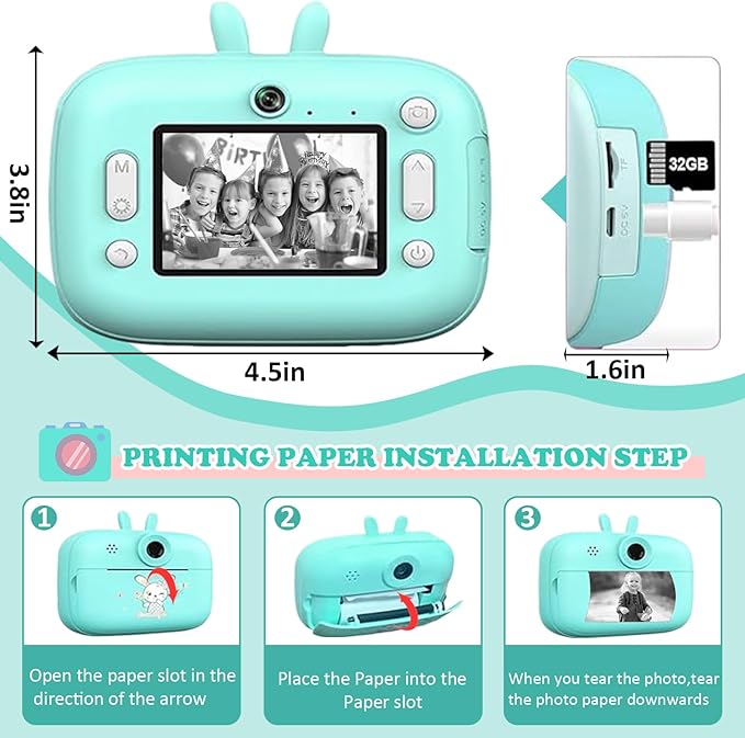 Instant Print Camera for Kids, Toddler Cameras Christmas Birthday Gifts for Boys Age 3-12, 1080P HD Digital Video Cameras for Toddler,Kids Portable Toy with 3 Rolls Photo Paper 32GB SD Card(Blue)