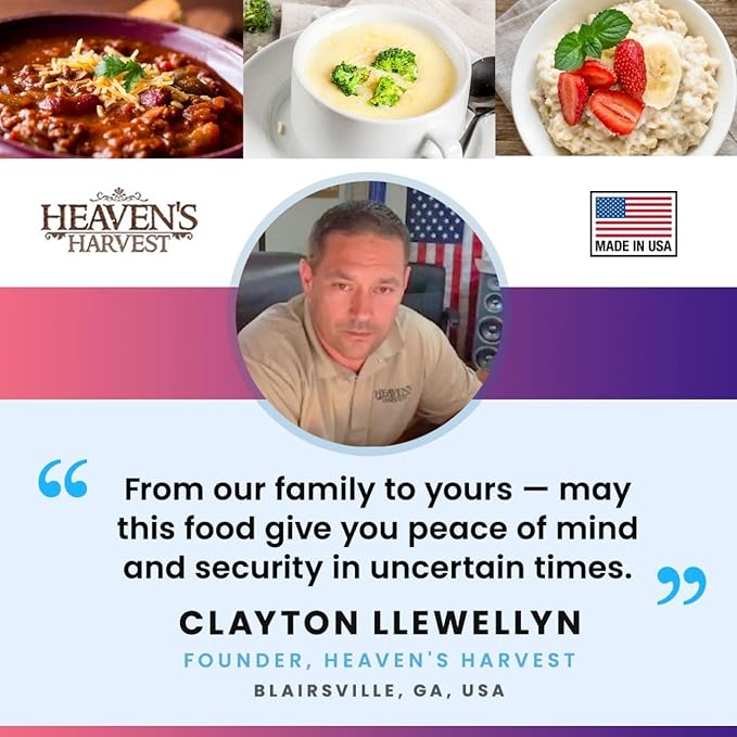 Heaven’s Harvest 25-Year Organic Family Food Kit — Emergency Food Supply. Freeze Dried Survival Food Kit + Water-Proof 25-Year Storage Bucket. MRE Meals, Non-Perishable Camping Food (62 Servings)