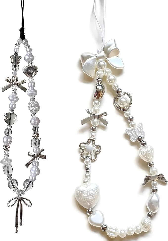 2 Pcs Phone Charm Strap Hand for iPhone Wrist Strap Camera Lanyard Pearl Beaded Cute Chain String Accessories Universal for iPhone 17 Pro 16 15 Samsung Women Girls Keychain Pearl Heart and Butterfly