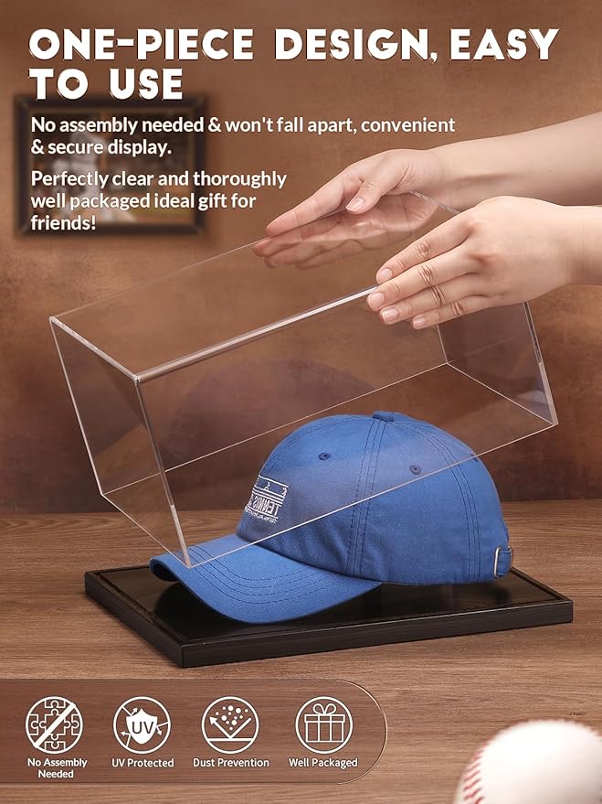 JupDec Hat Display Case, Clear Acrylic Baseball Cap Display Box Stand, UV Protection Signed Hat Transparent Showcase with Solid Wood Base Risers & Hat Shaper, Ideal Gift for Caps Collector, Black