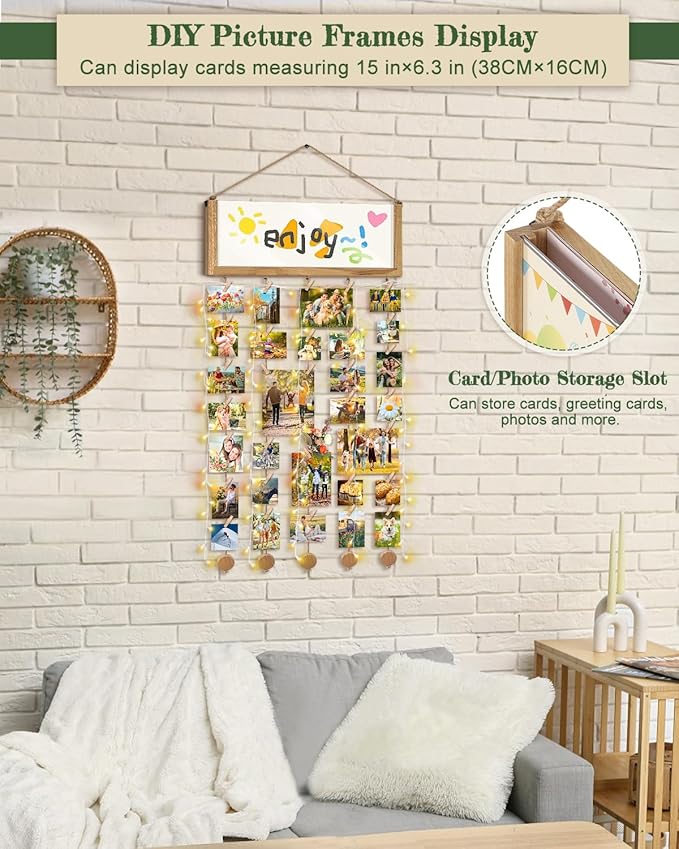 Bikoney Rustic Collage Photo Display Wall Decor with Happy Birthday Banner, Gift Card Storage and 30 Clips for Dorm Room, Bedroom and Home