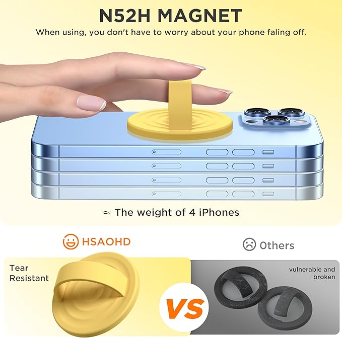 Upgraded Magnetic Phone Grip, Liquid Silicone Soft and Portable, Removable Finger Loop Ring Grip Holder for iPhone, Strong Magnetic Attraction, Compatible with MagSafe Phone Case, Yellow