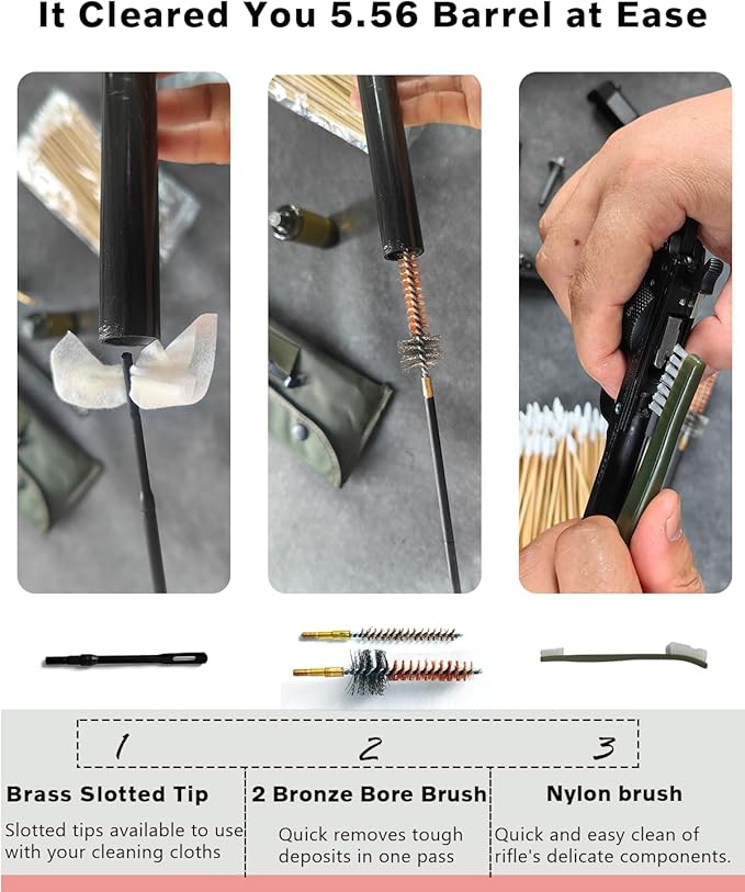 Universal Rifle Cleaning Kit, CLP,Brushes,Snakes,Tools for 5.56mm, 20-25 Caliber Rifles/Shotguns, Include 100 6-inch Gun Cleaning Swabs