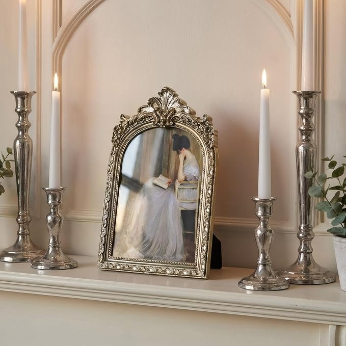 Cuspin Vintage Silver Picture Frame 5x7, Ornate Resin Arched Photo Frame with Plexiglass Front for Tabletop or Wall Display, Antique Home & Wedding Decor
