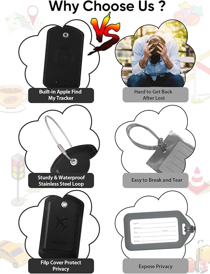 Luggage Tags Built-in Anti-Loss Tracker, Luxury Leather Luggage Tags for Suitcase, Travel Bags, Backpacks, Travel Organizer for Lost Baggage Prevention (S-Black)