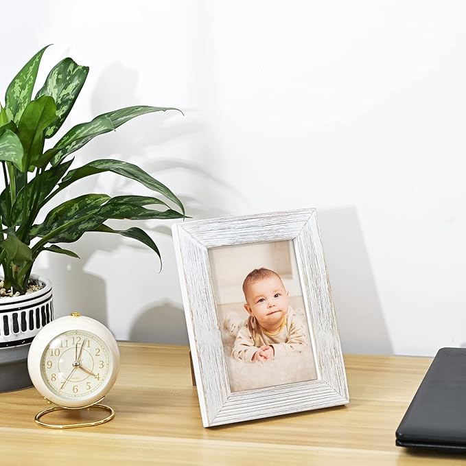Wooden 5 x 7 Picture Frame Distressed Farmhouse Weathered Rustic Photo Frame Vintage White Wood Grain & Clear Glass Front Tabletop Display Wall Mounting Wedding Baby Family Portraits Home Office Decor