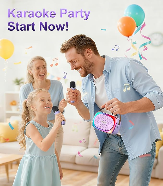 TiMOVO Mini Karaoke Machine, Portable Bluetooth Speaker with 2 Wireless Microphones and LED Lights, Birthday Gifts for Family Home Party, Purple
