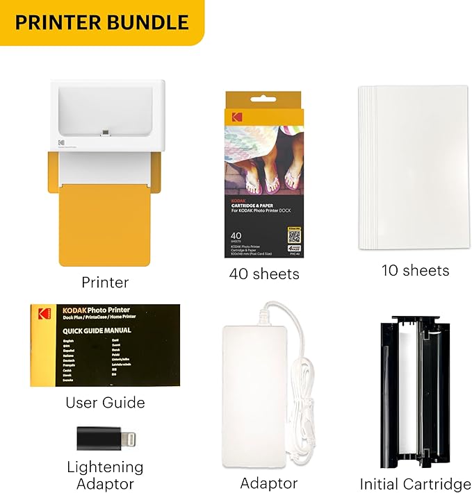 KODAK Dock Plus 4PASS Instant Photo Printer, 4x6” Portable Picture Printer, Bluetooth & Dock 2-in-1 Home and Gift Printer for iPhone & Android, 50 Sheets Bundle