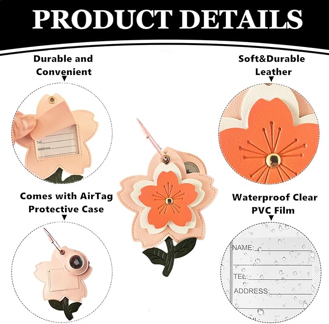 Cute Leather Luggage Tag Holder with Airtag Case Set,Hidden Compartment for AirTag Travel Suitcase Tracking Case with Stainless Steel Loop,Name ID Label(Red Cherry Blossoms)