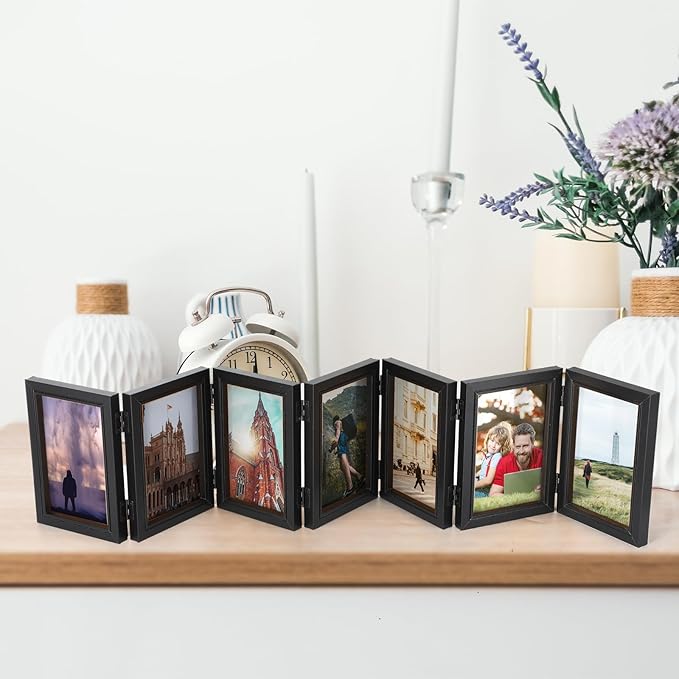Sintuff 7 Picture Frame 4 x 6 Folding Hinged Picture Frames Foldable Photo High Definition Natural Wood Collage Mounts Rustic Desktop Acrylic Mounts for Family Wall Decor, Black