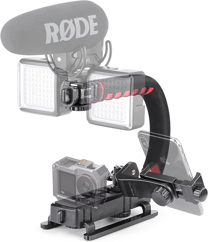 Zeadio Video Handheld Stabilizer, Triple Cold-Shoe Handle Grip with Smartphone Holder、360° Ball Head Mount, Compatible with All Camera Sport Camera DSLR Smartphone