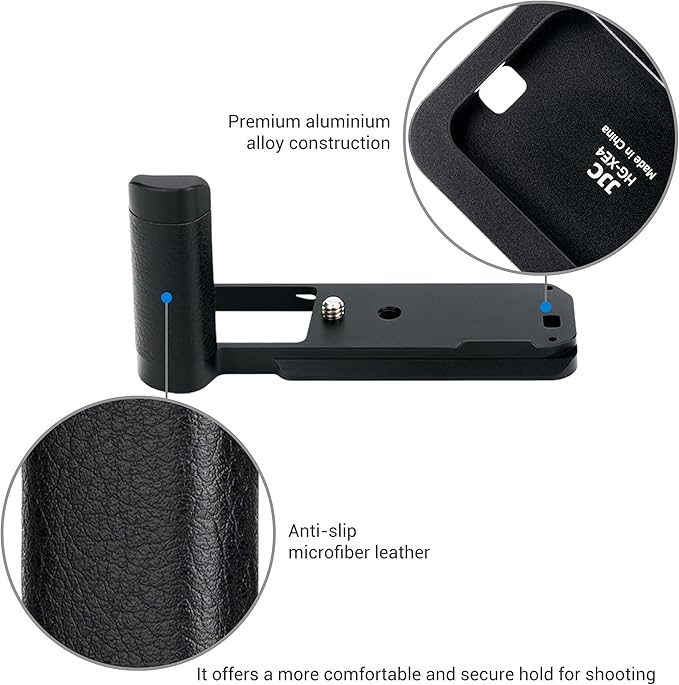 JJC MHG-XE4 Solid Metal Hand Grip Secure Handle Bracket for Fuji Fujifilm X-E4 XE4 Camera(Not for X-E5), Anti-Slip Pads, Arca Swiss Quick Release Plate, Extra 1/4"-20 Tripod Hole & Hand Strap Hole