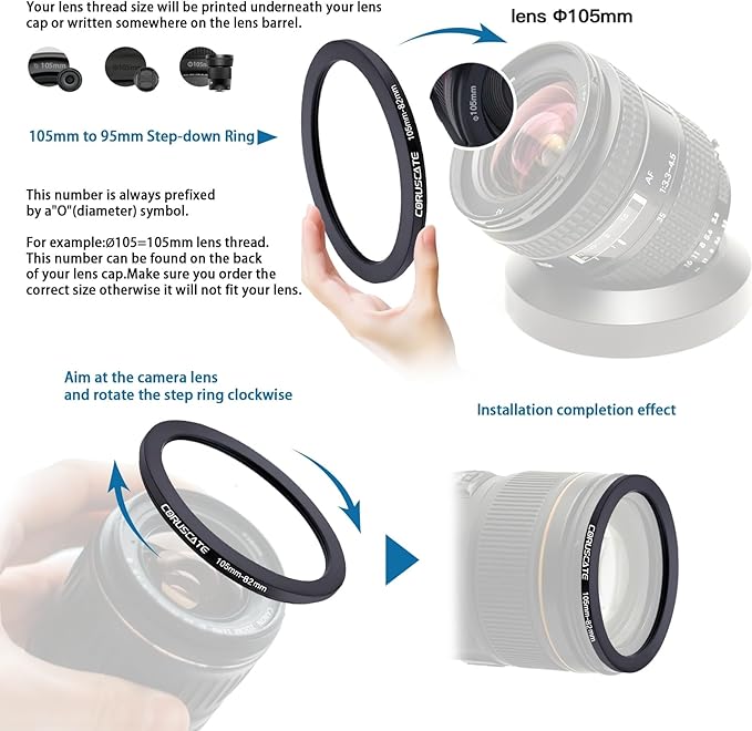 3Pcs 105-82mm/105-77mm/105-72mm Filter Ring Adapter,Metal Step Down Ring for All Brands Camera Accessory(for UV,CPL,ND,Threaded Lens Hood)