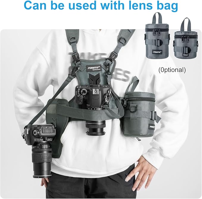 Fomito Dual Camera Harness, Multi Carrying Radio Chest Vest System with Side Holster for Canon 6D 600D 5D2 5D3 for Nikon D90 for Sony A7S for Panasonic for Olympus DSLR Cameras Climbing Wedding Travel