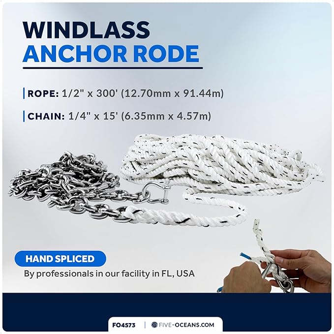 Five Oceans Windlass Anchor Rode, Hand-Spliced Anchor Rope and Chain Combination Kit, Nylon 3-Strand Rope, HT G4 Stainless Steel Chain for Boat Anchor System - Multiple Sizes