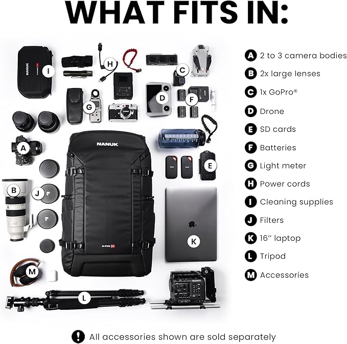 NANUK N-PVD 35L Camera Backpack – Water-Repellent with Rain Cover, Fits 2-3 Cameras, Drone, Tripod, 16" Laptop Compartment, Carry-On Approved – For Photographers, Travel & Hiking – Black