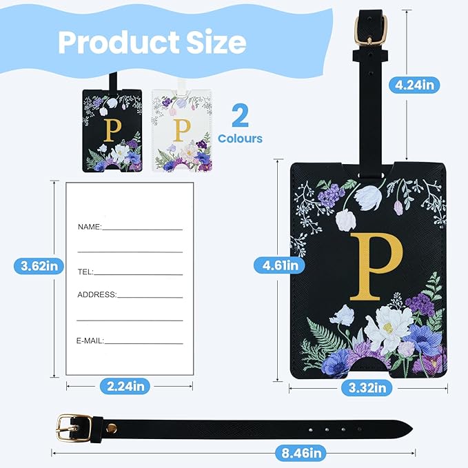 2 Pack PU Leahter Luggage Tags with PU Leather Straps, Fun Travel case Labels, Privacy-Protected ID Card Holders, Allowing for Quick Identification of Luggage and Easy locating of Your Bags (P)