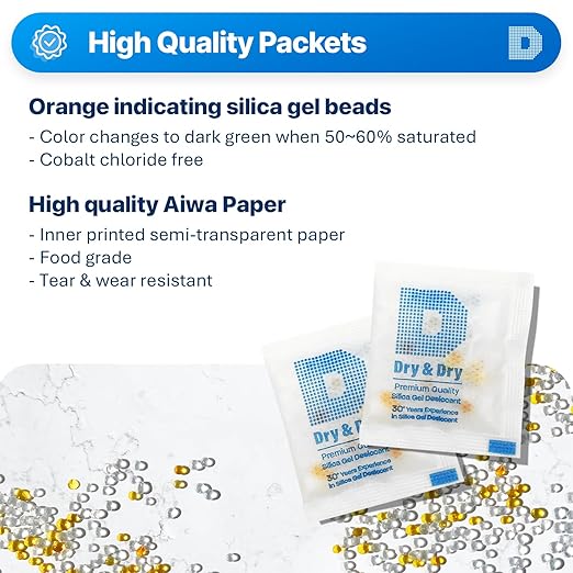 Dry & Dry 3 Gram [50 Packets] Orange Indicating Silica Gel Packets Desiccants - Food Safe Silica Packs, Silica Gel, Silica Packets, Desiccant Packs for Food Storage