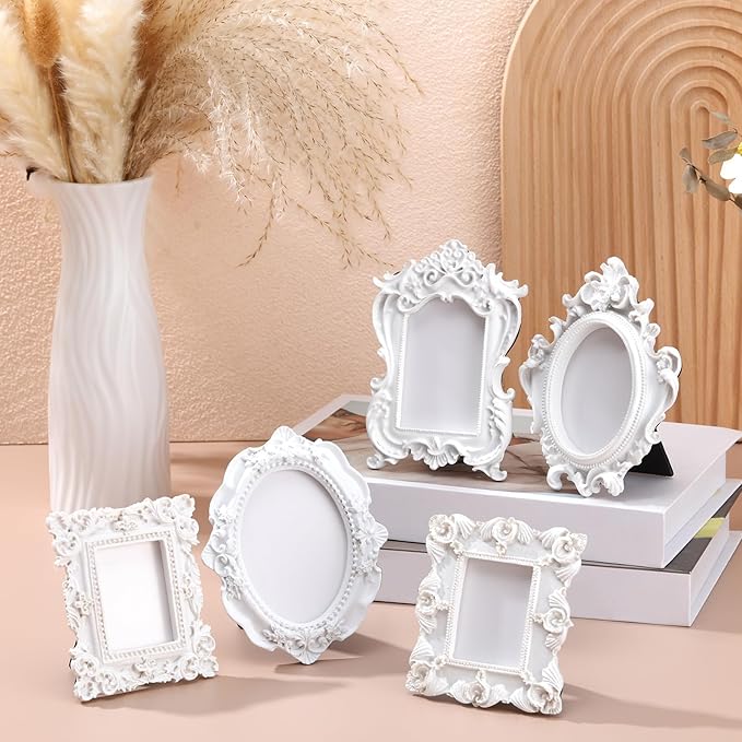 Maitys 15 Pcs Mini Picture Vintage Frames with Stands Tiny Antique Photo Baroque Ornate Resin Oval Frame Table Top Display Home Wedding Decor (White)