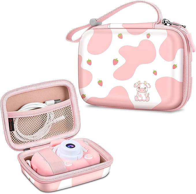 FINTIE Kids Camera Case Compatible with Goopow/Seckton/Dylanto/Mgaolo/Masterbee/CIMELR/Desuccus Kids Digital Camera Toys, Children Carrying Bag, Birthday Festival Gift, Strawberry Cow
