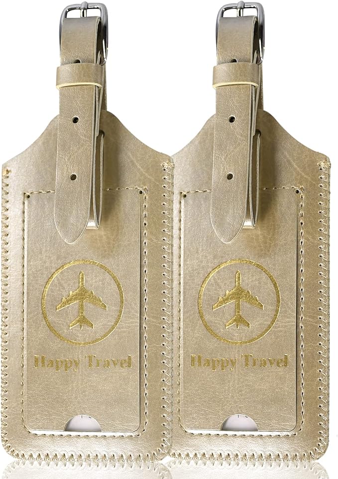 ACdream Luggage Tags 2 Pack, Leather Suitcase Tags Identifiers, Cute Cruise ID Labels with Privacy Cover fits on Backpack, Travel Bag, for Women, Men, Adults, Kids, Gold