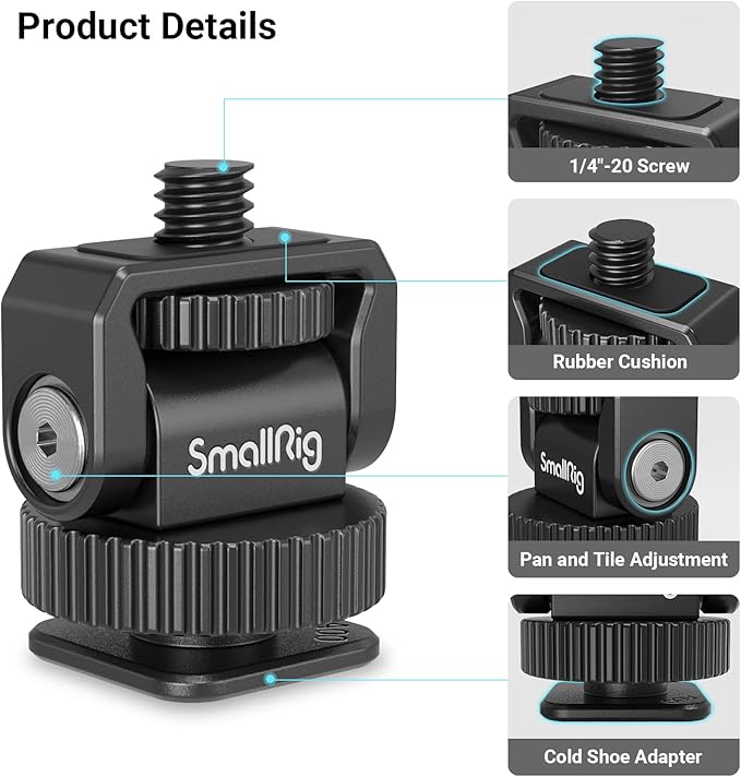 SmallRig 1/4" Mini Ball Head Cold Shoe Mount Adapter with 1/4"-20 Thread for Camera Phone Cage LED Video Light-3577