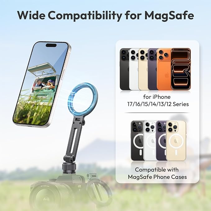 ULANZI Magnetic Phone Tripod Mount for MagSafe, Aluminum Camera Phone Holder with 1/4" Screw & Cold Shoe,Carabiner Design, Compatible with iPhone 17/16/15/14/13/12 Series