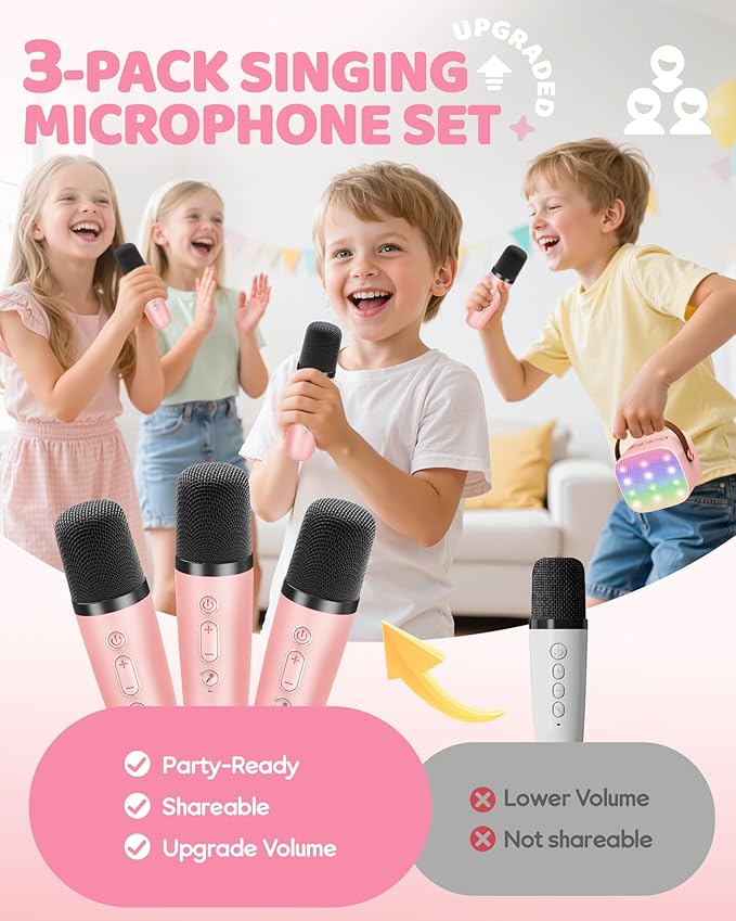 Upgraded Mini Karaoke Machine with 3 Wireless Microphones Toy for Kids, 2026 Top Birthday Gifts for Girls Boys, Portable MP3 Player for Ages 3, 4, 5, 6, 7, 8, 9, 10, 11, 12+ Year Old Party (P-Ink)