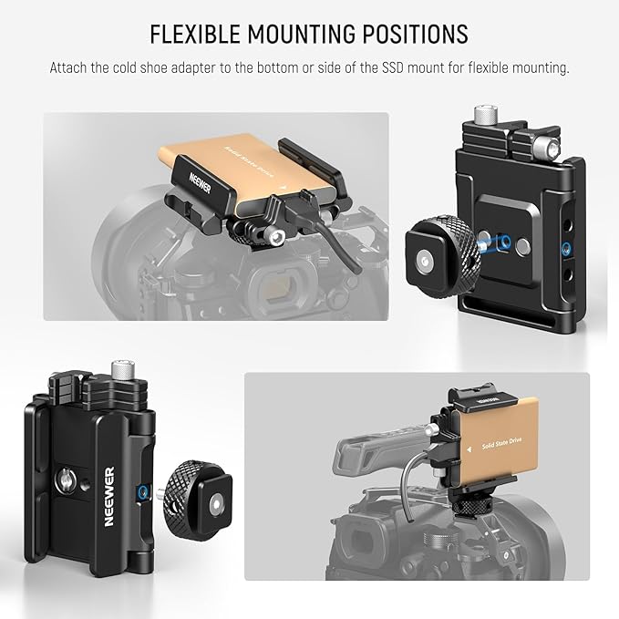NEEWER Mount Bracket SSD Holder with Cold Shoe Cable Clamp, 1.6"-2.6" for Samsung T5 T7 SSD SanDisk Compatible with SmallRig Cage for BMPCC 4K 6K Compatible with iPhone 15 Pro Max Phone Cage, UA035