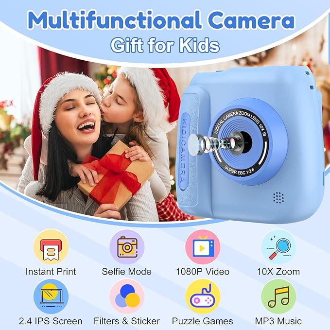 Kids Camera Instant Print, 2.4 Inch Screen Kids Instant Cameras, 1080P Video Recording, Christmas Birthday for Girls Age 3-12, with 3 Rolls Print Paper & 32GB Card, Blue