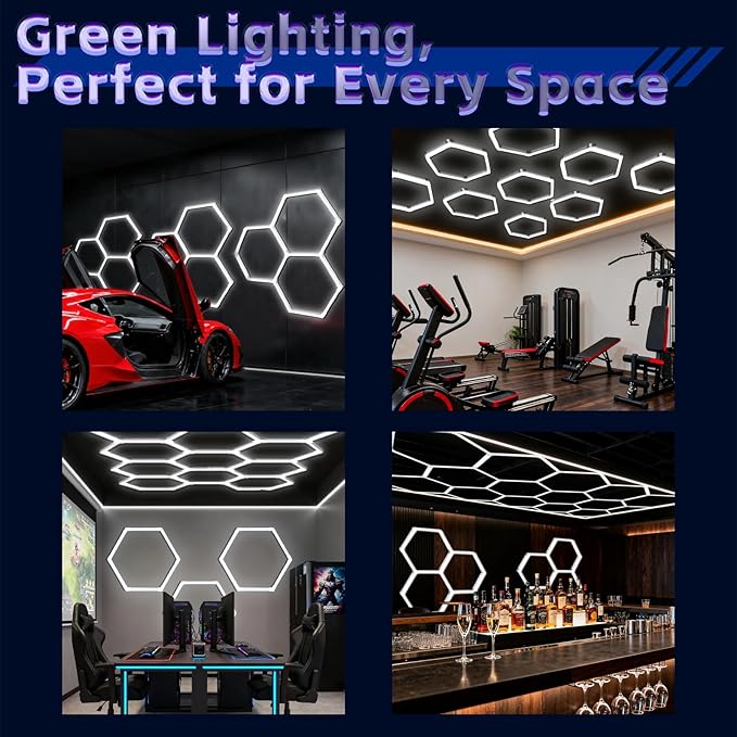 Hexagon Lights Garage LED System 14 Grid, 538W 64500LM Super Bright Hexagon Garage Lights for Workshop, Car Detailing, Basement, Warehouse, Gym – Easy Install Honeycomb Design