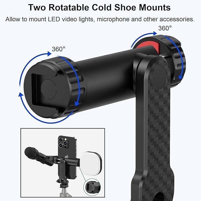 Phone Tripod Mount iPhone Holder for Tripod, Universal Smartphone Mount Adapter with 2 Cold Shoes, 360° Rotate Adjustable Cellphone Clip Clamp Holder for iPhone Android Camera