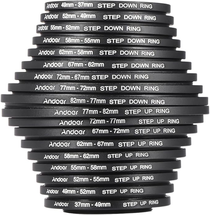 Andoer® 18pcs Step Up/Step Down Lens Filter 37 49 52 55 58 62 67 72 77 82mm Metal Adapter Ring Kit