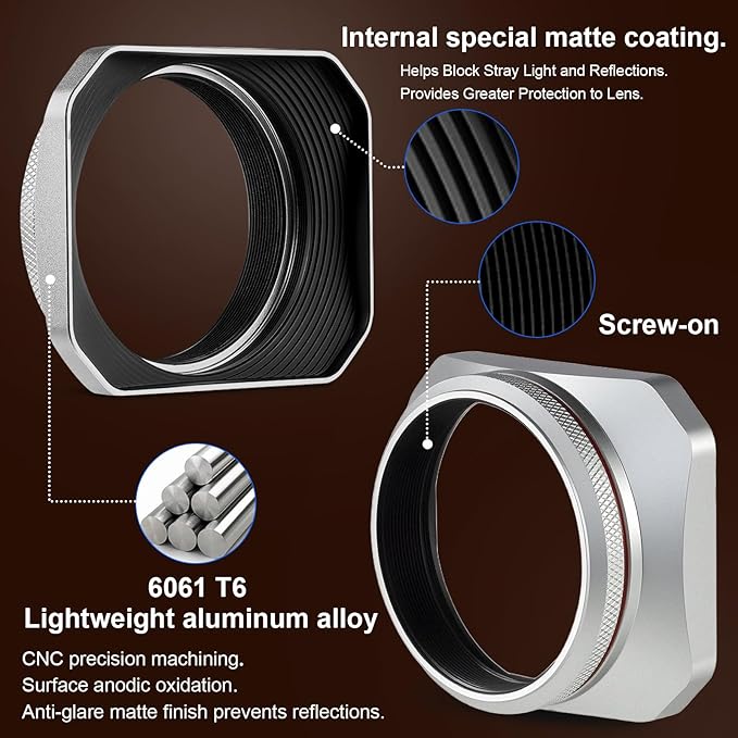 Haoge Square Metal Lens Hood for Fujifilm X100VI Fuji X100V X100F X100T X100S X70 Fuji Photo Camera Accessories Silver with 49mm Uv Filter Adapter Ring LH-X1006S