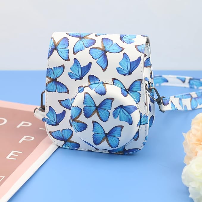 Frankmate PU Leather Camera Case Compatible with Fujifilm Instax Mini 11 12 Instant Camera with Adjustable Strap and Pocket (Butterfly)