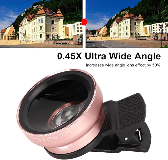 EBTOOLS 2 in 1 Clip on 0.45x Wide Angle+12.5X Macro Lens, Universal HD Camera Lens Kits for Mobile Phones, Tablets, Rose Gold