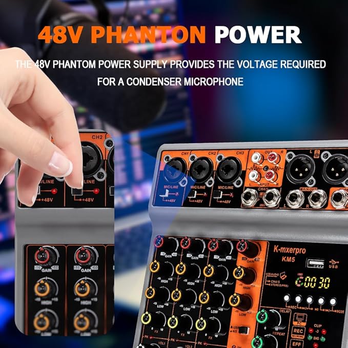 5 Channel Professional Audio Mixer Console Sound Board with 48V Phantom Power,USB Audio Interface for Live Show,Streaming Recording Music Stage Karaoke
